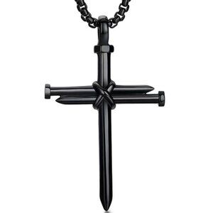 Cross 3 Nail Necklace Statement Piece Pendant Chain and Gift Pouch Black